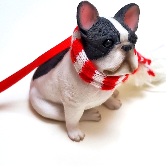 Christmas Tree Ornament Adorable French Bulldog Pup Figurine Red & White Scarf - Picture 12 of 16
